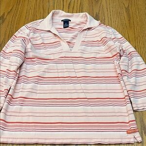 American Eagle Outfitters Pink, White, Red Striped Tee with Collar L